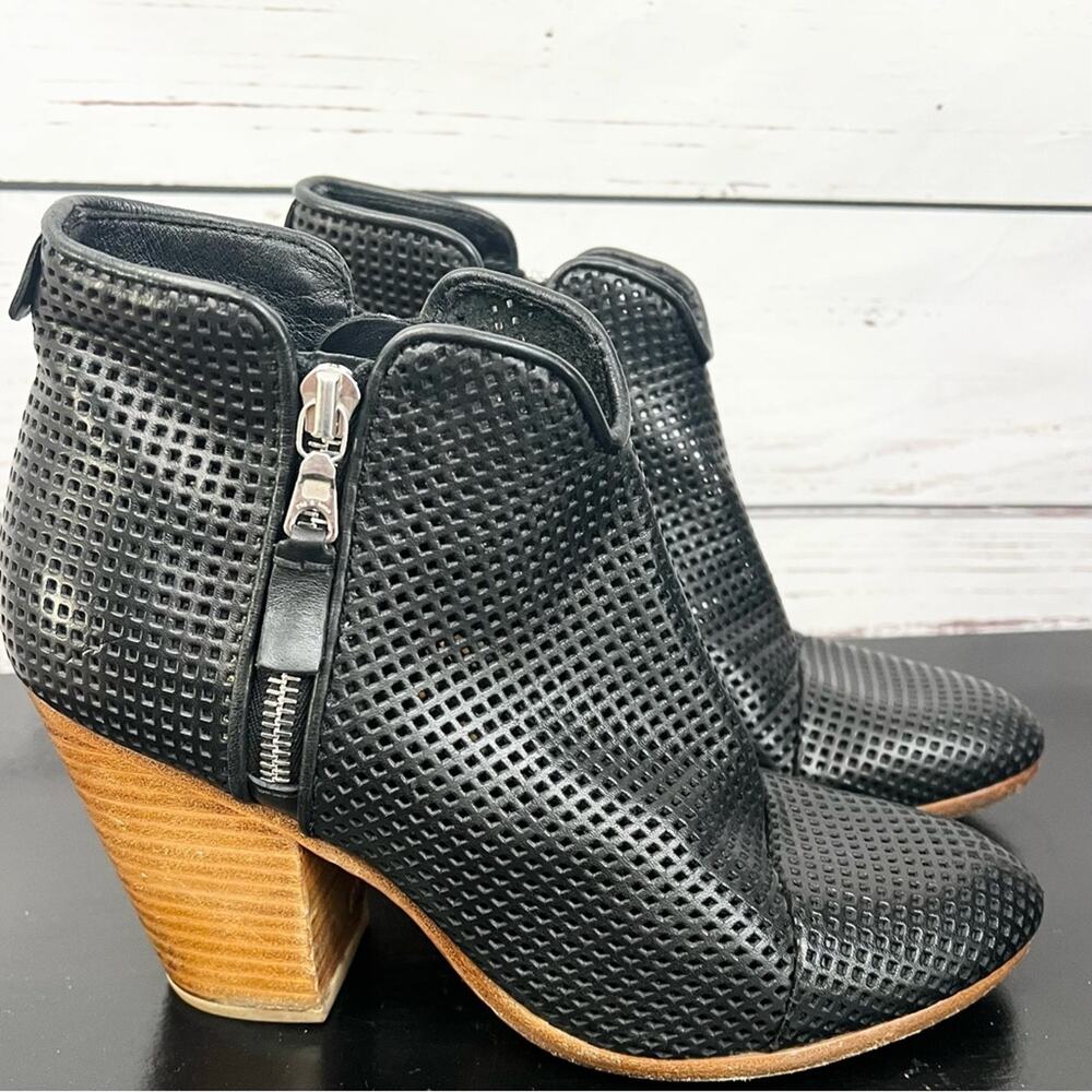 Rag & Bone Margot Black Perforated Leather Ankle Boots Double Zipper Size 7 1/2